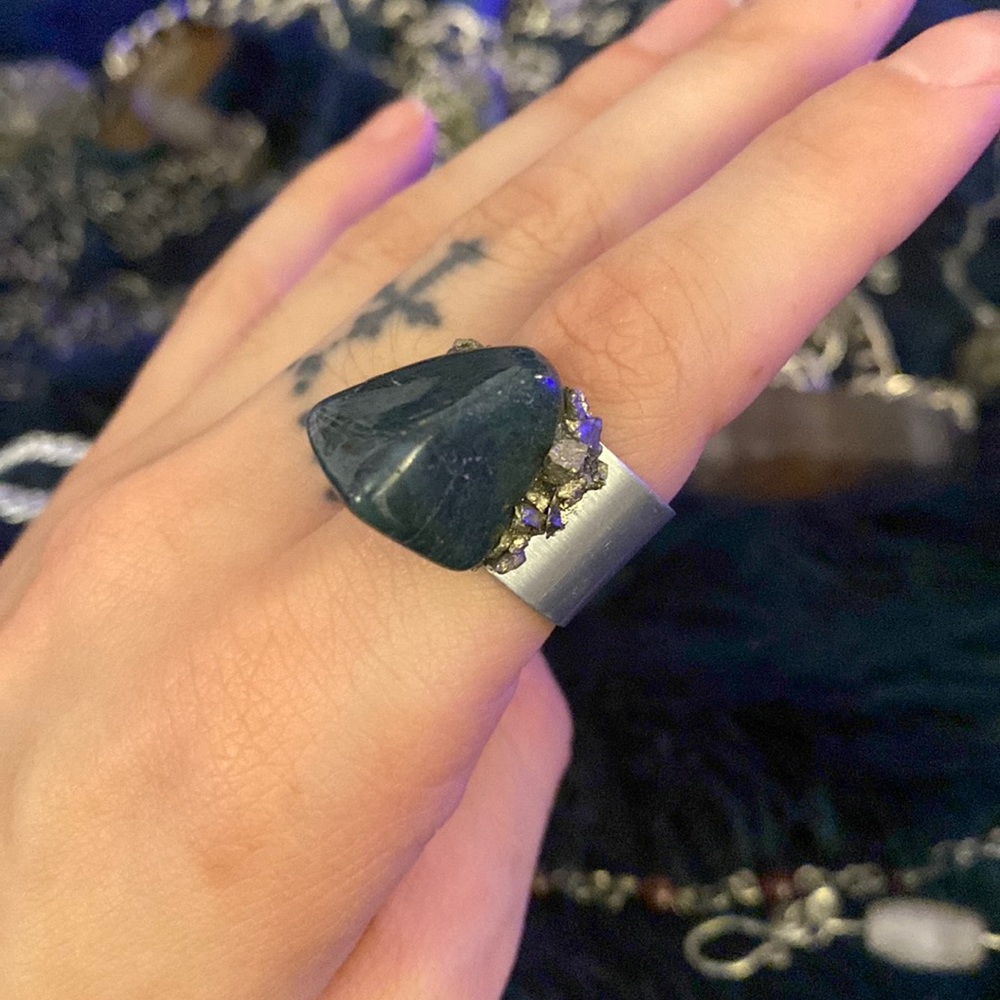 Handmade adjustable bloodstone and pyrite ring